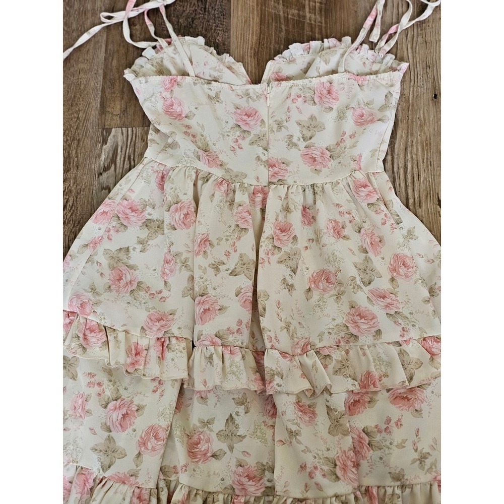 Floral Bustier Mini Dress Pink Rose Cottagecore Tiered Ruffle Sun Dress Cream - Picture 2 of 4